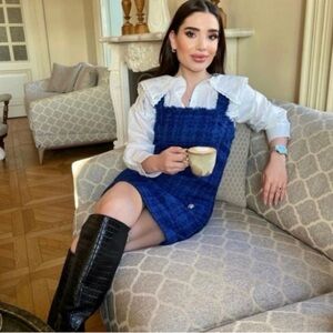 ZARA BLOGGER FAVE Tweed Jumper Mini Dress Jewel Pearl Buttons Royal Blue S Prep